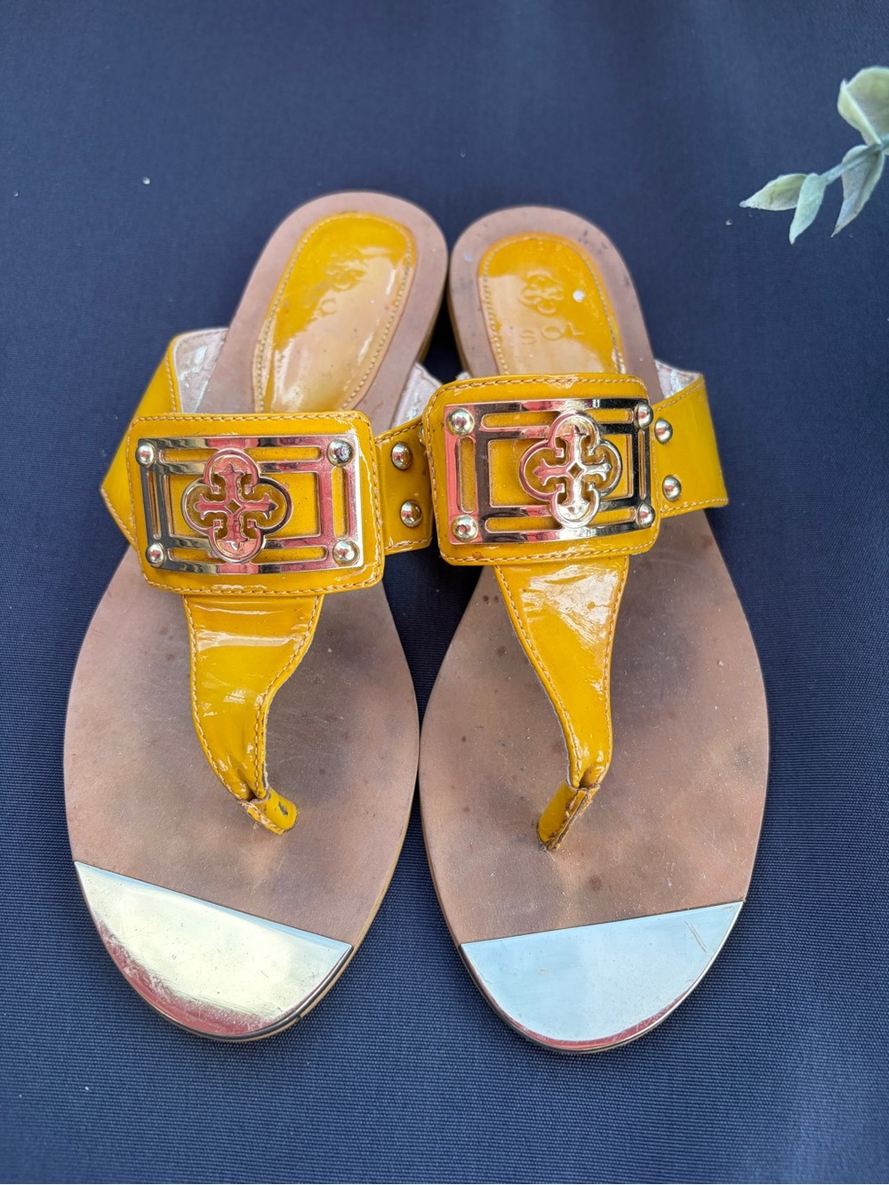 Isola Yellow Patent Leather Thong Sandals with Gold Hardware